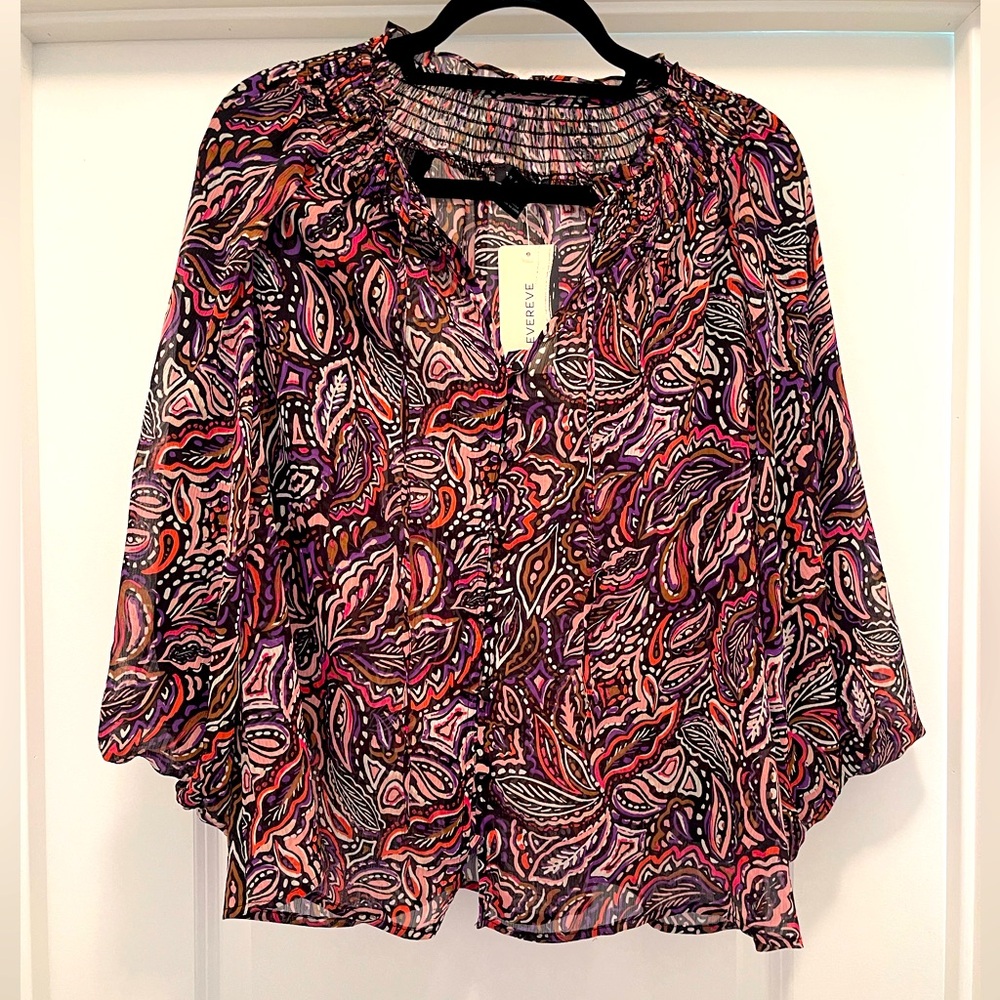 Sanctuary Evereve Breezy Mock Neck Blouse Brown Pink Purple Paisley Size Medium